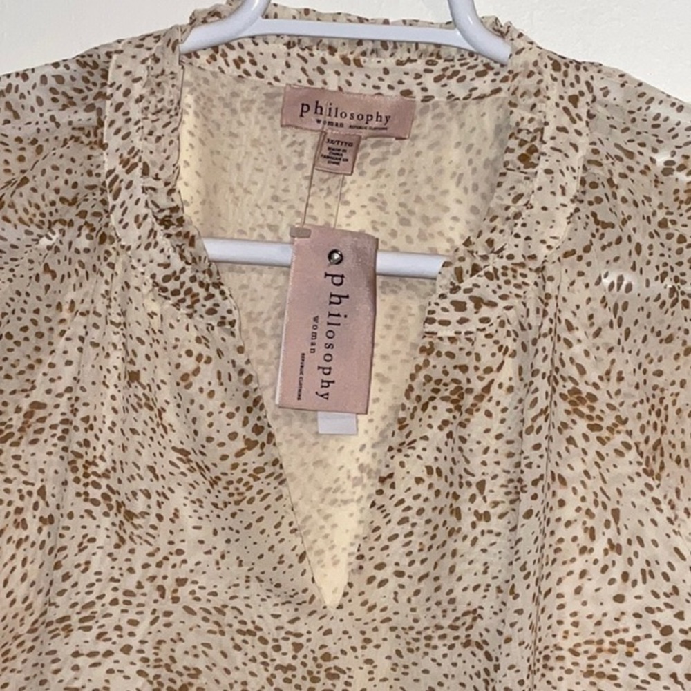 PHILOSOPHY WOMAN SMALL LEOPARD SPOTS POLYESTER SMOCKED CUFFS LINED TUNIC 3X NWT